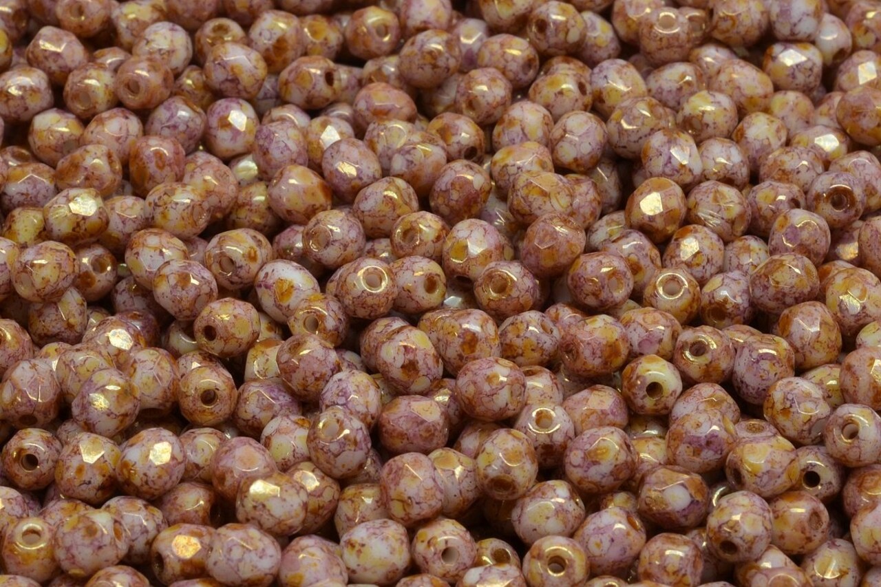 4mm Czech Fire Polish Round Bead, White Lila Gold Luster, 50 pieces